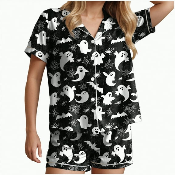 CAUYDY Halloween Pajamas Women Satin Button Up Shirt and Shorts Pjs Sets 2 Piece Matching Sets Casual Sleepwear(Black,S)