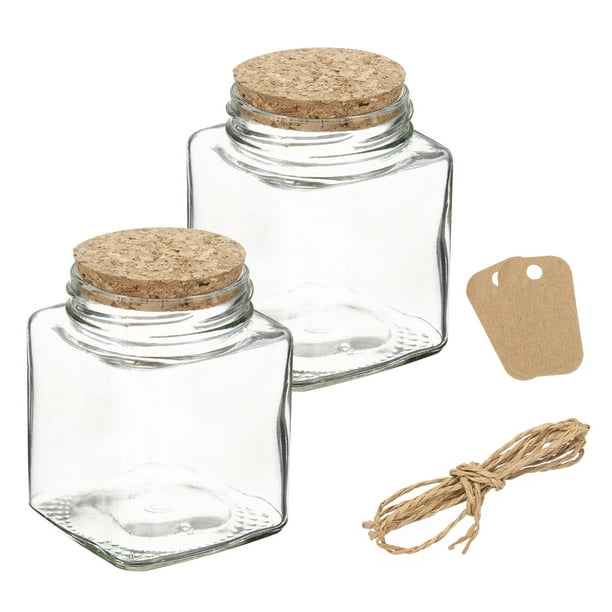 Uxcell 2 Pcs 8.4 oz/280ML frascos de vidrio transparentes en forma de botella cuadrada con tapa de corcho, cuerda y etiquetas en blanco