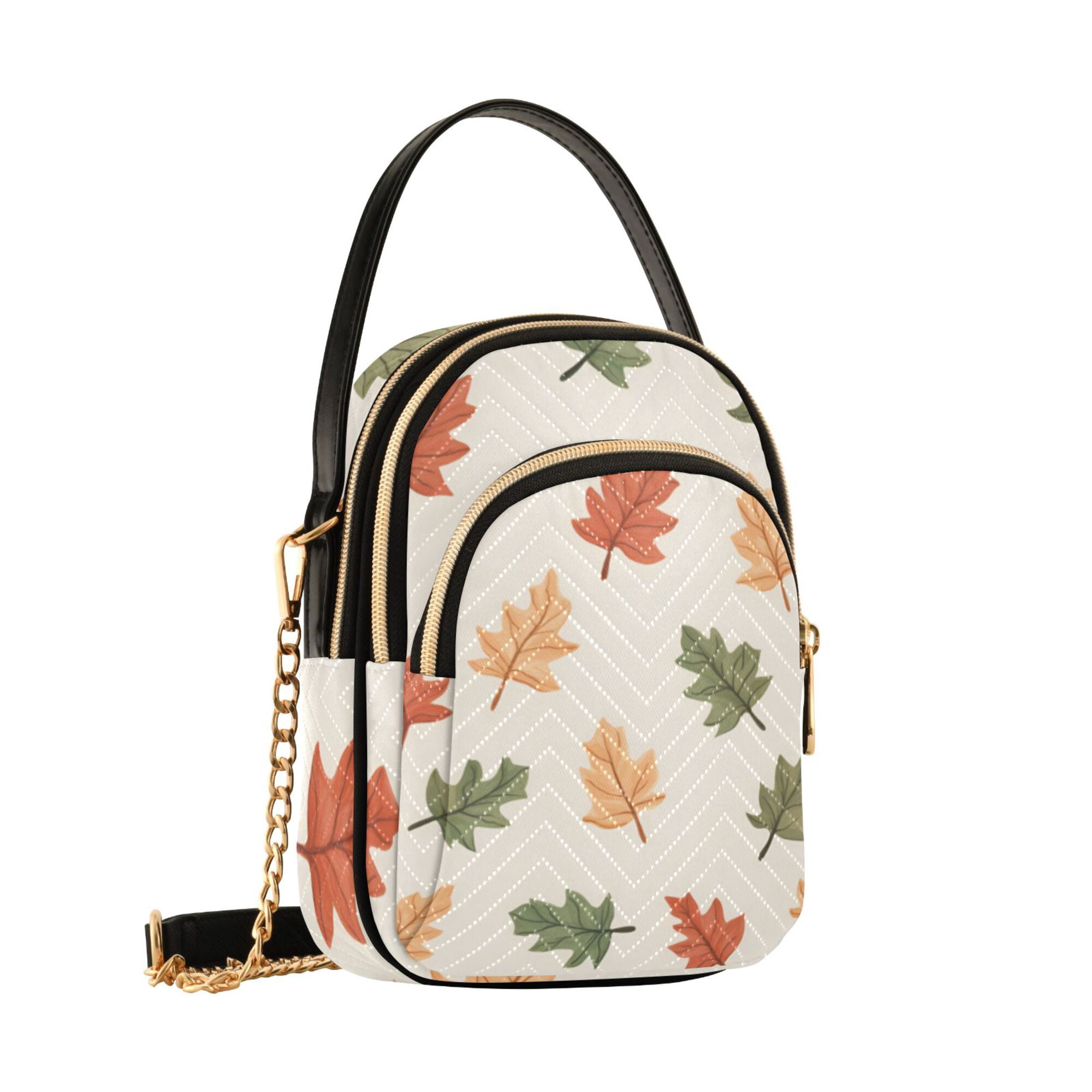 FORMRS Crossbody Bag for Women Quilted Travel Shoulder Cell Phone Purse with Chain Strap Handbag, Green Autumn Leaves