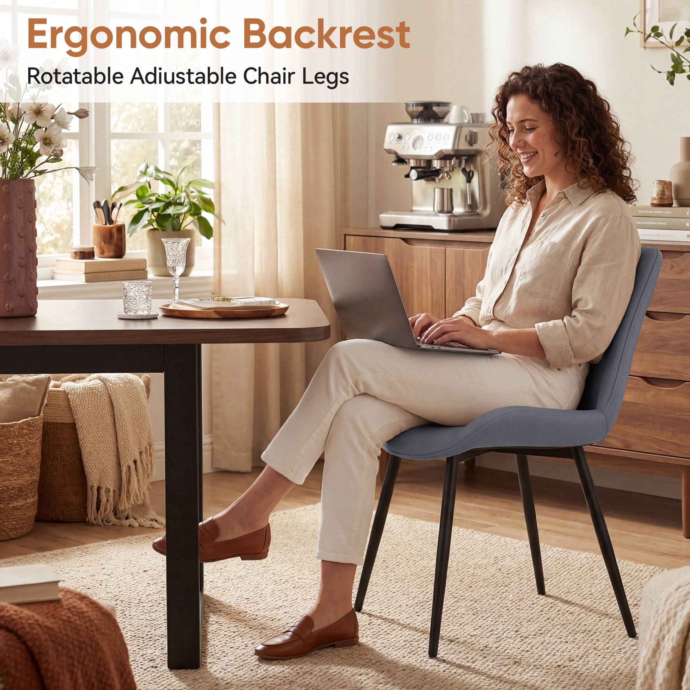 MOONMISS Dining Chair Set of 4,Upholstered with Ergonomic Backrest Metal Legs for Kitchen Office Reading,Dark Gray