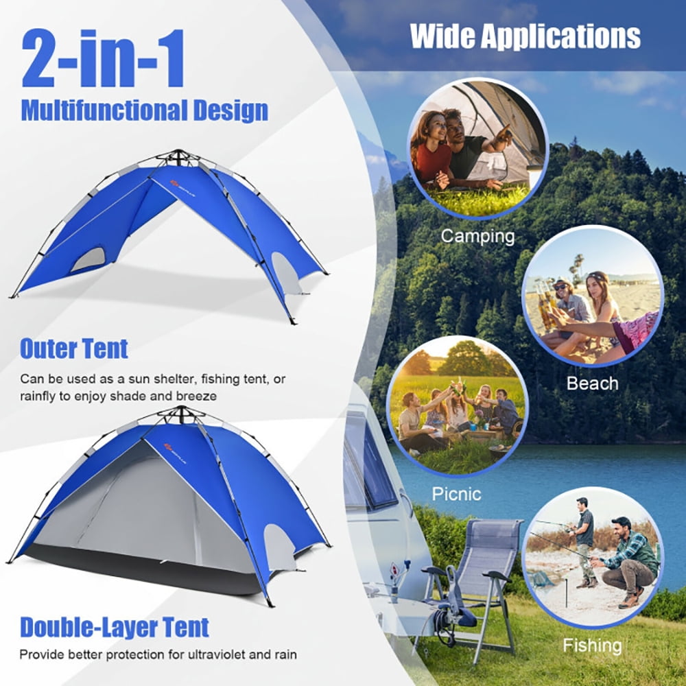 Aimee Lii 2-in-1 4 Person Instant Pop-up Waterproof Camping Tent, Easy Set Up Camping Tents Shelter, Blue