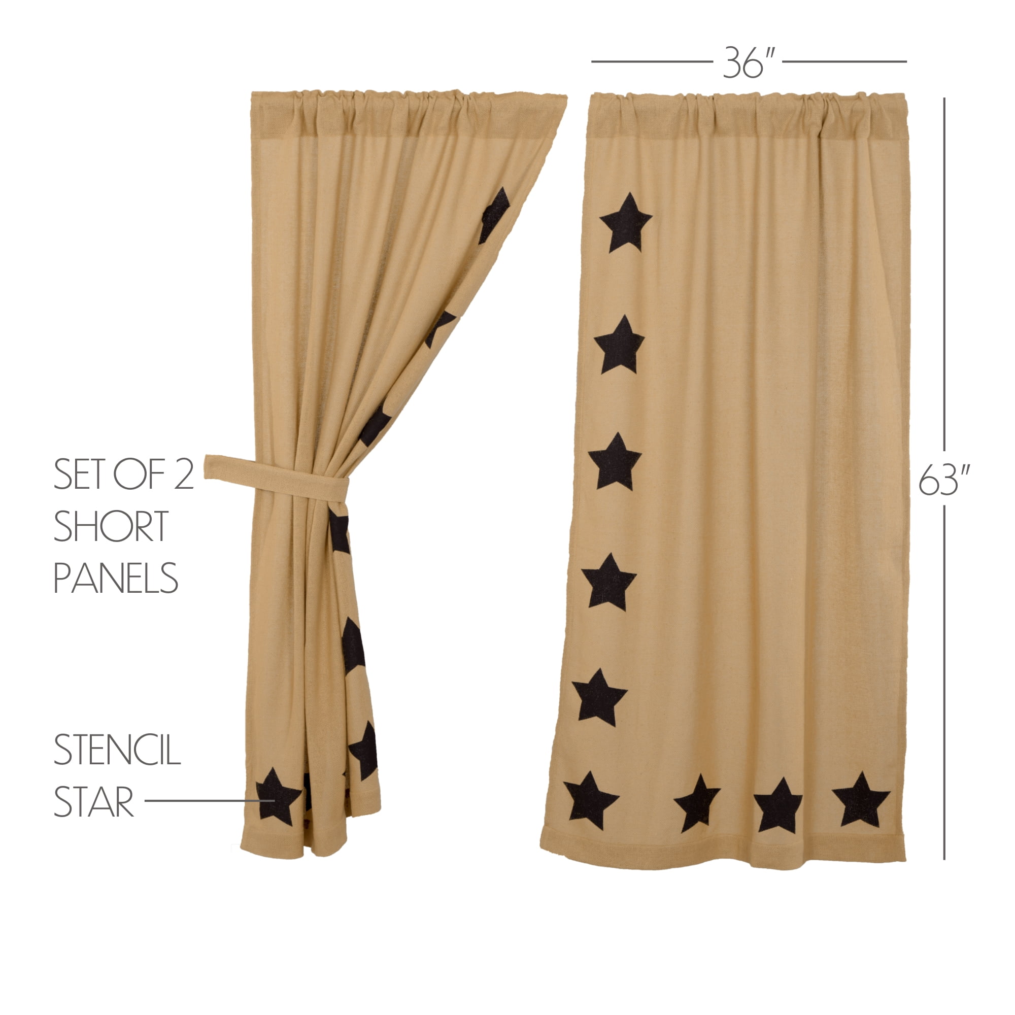 VHC Brands Burlap Natural with Black Stars Primitive 63"x36" Panel Pair Tan Rod Pocket Stenciled Cotton Tie Back(s) Window Curtains