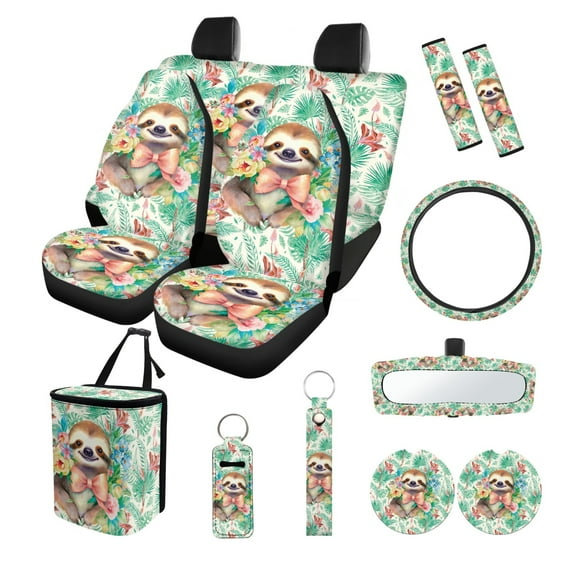 Kuiaobaty Sloth Flower Leaf Print Car Seat Cover Car Accessories Set Steering Wheel Cover Seatbelt Pads Car Trash Can Coasters Rearview Mirror Cover Keychains Auto Interior Decor, Set of 13