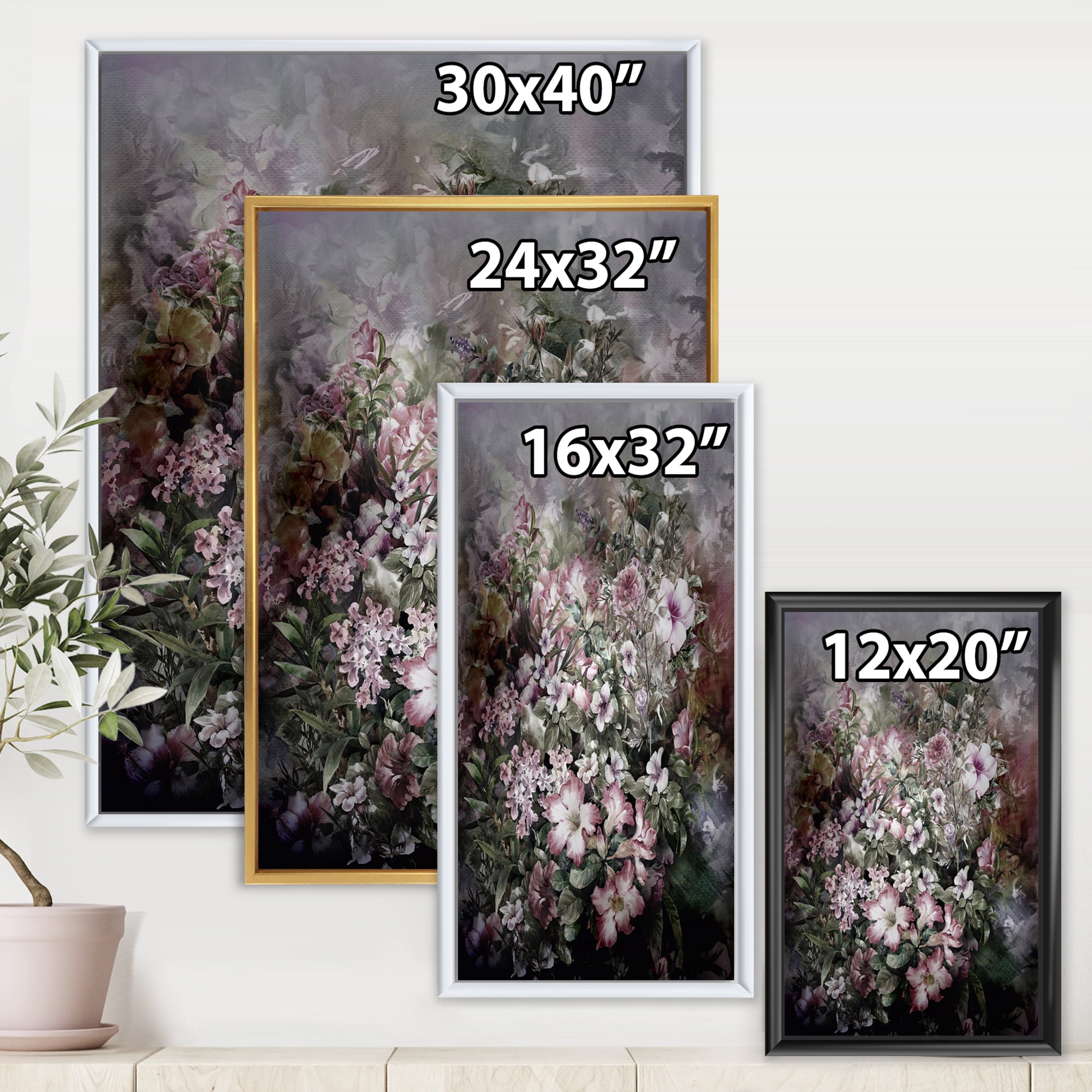Designart 'Drawing of Flowers Retro IV' Vintage Framed Canvas Wall Art Print