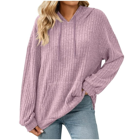 Gytharion Womens Drawstring Hooded Sweatshirts Fall Loose Comfy Knitted Pit Striped Pullover Blouse with Pocket Solid Casual Long Sleeve Hoodies for Women