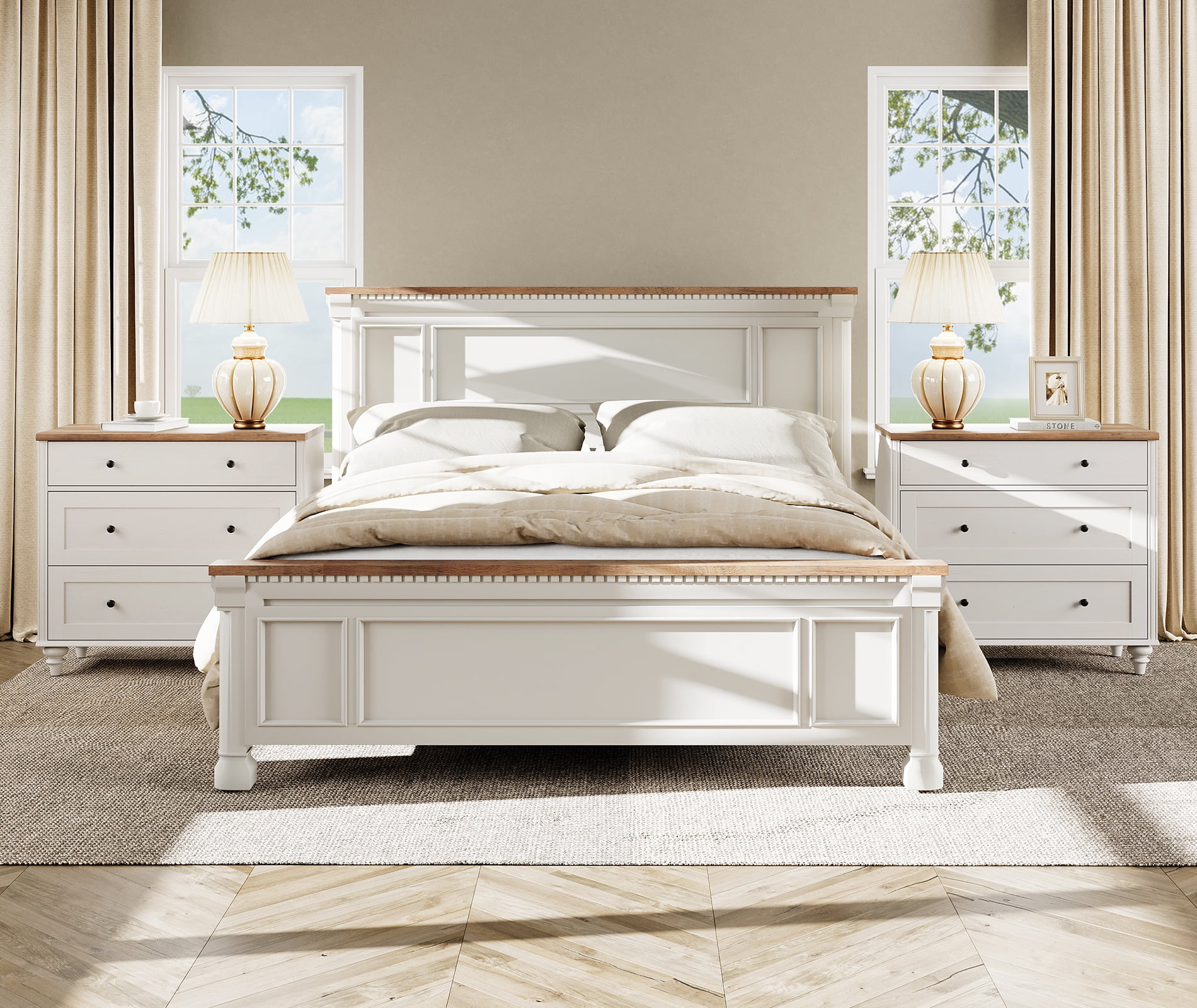 WAMPAT Set of 2 White Nightstand for Bedroom , Large Wood Bedside Table Night Stand with 3 Drawers, Wide Sofa Side End Table 3 Drawers Chest of Dresser for Living Room