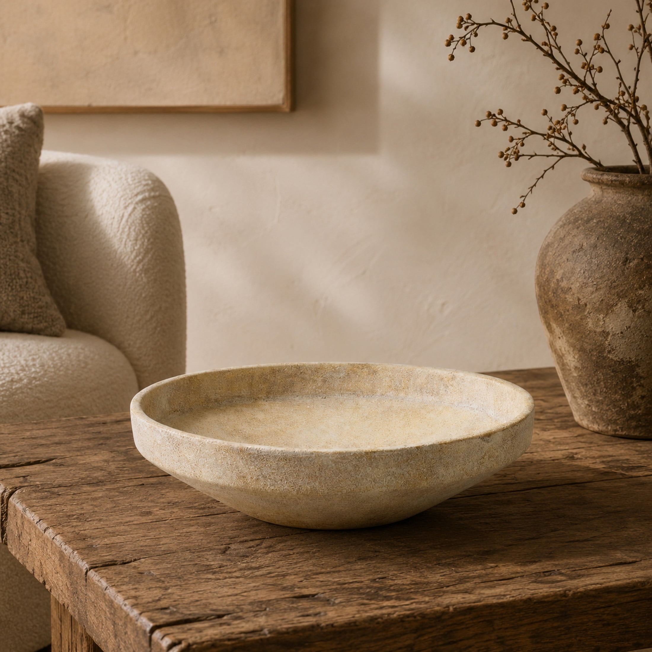 DecMode 12" Round Washed Cream Ceramic Decorative Bowl