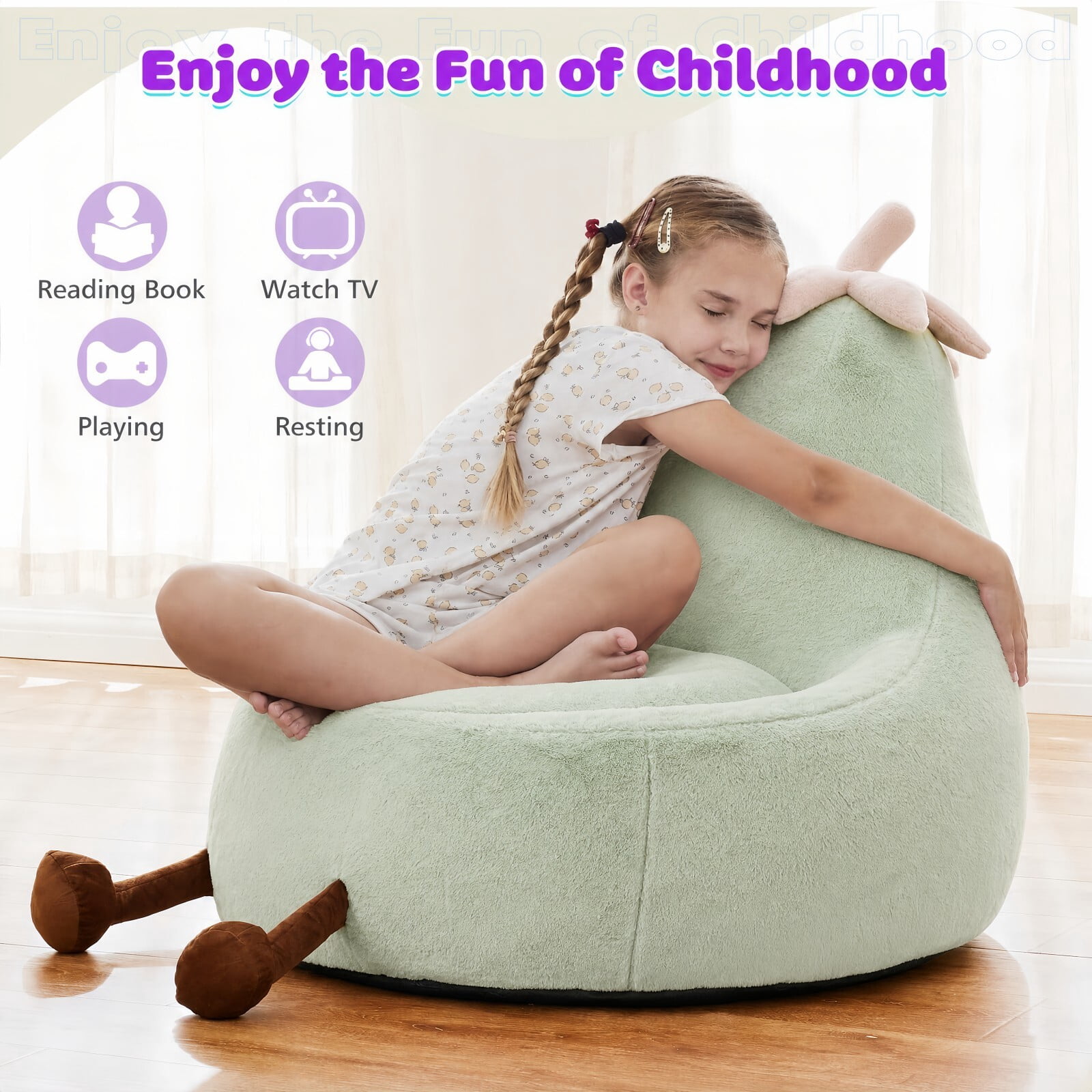 Kelno 24" Kids Bean Bag Chair Faux Rabbit Fur Lazy Chair Toddler Couch, Green