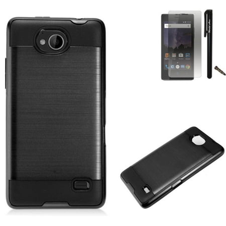 Phone Accessory Combo Pack For ZTE Tempo N9131 Case / ZTE Majesty Pro LTE Case Dual Layer Brushed Metal Texture High Impact Armor Hybrid TPU Phone Cover MetaGuard Combo Pack (Black/Black) ()
