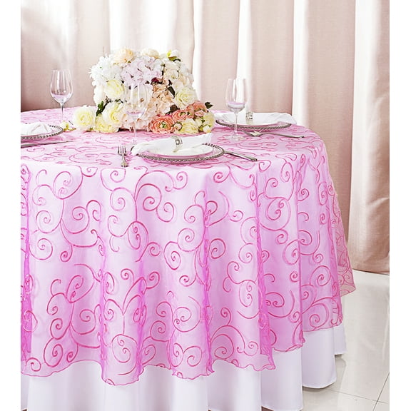 Wedding Linens Inc. 108" Round Seamless Embroidered Organza Table Overlay Tablecloth - Bubble Gum