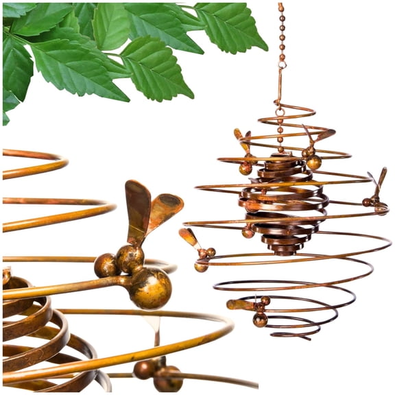 Handcrafted Bee Double Spiral Steel Ornament (Flamed Finish) Happy Gardens Rustic Outdoor Metal Hook Hanging Decor for Outside Back Yard
