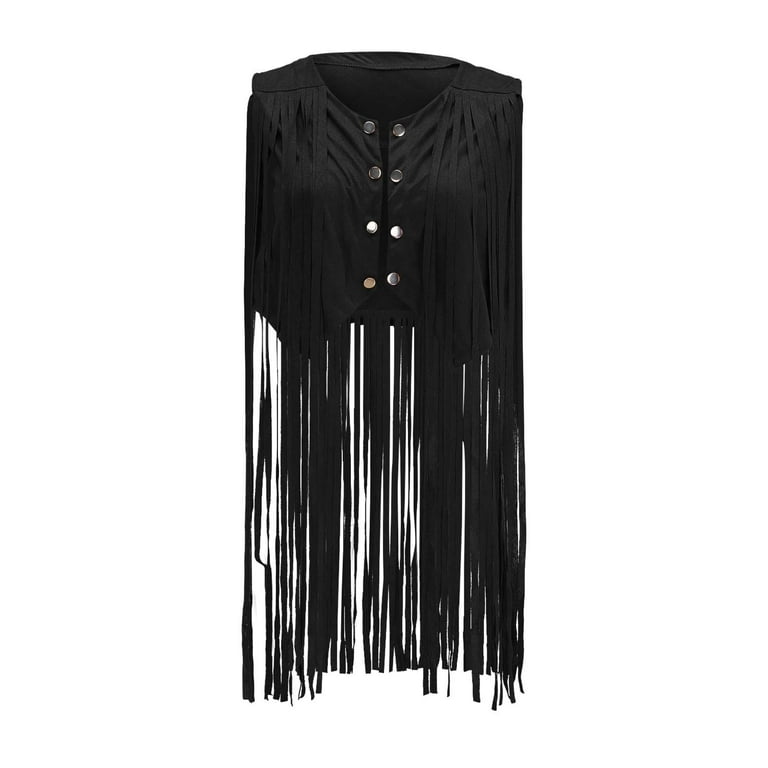 Women's Fringe Vest 70s Sleeveless Hippie Jacket Faux Suede
