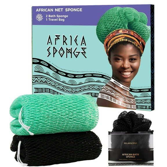 African Exfoliating Net Sponge Black - 2 Pieces Real African Loofah Shower Sponges - Body Scrubber Exfoliating Washcloth Black & Seawave - Africa Bath Sponges for Back Scrubber Shower Accessories