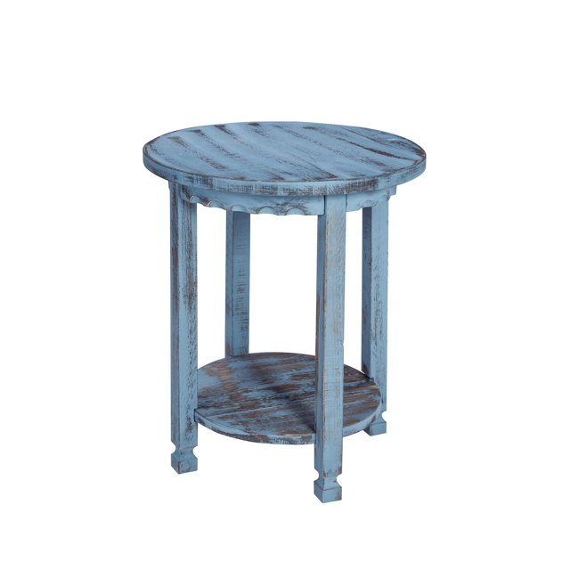 Rustic Cottage Round End Table with 1 Shelf, Blue Antique