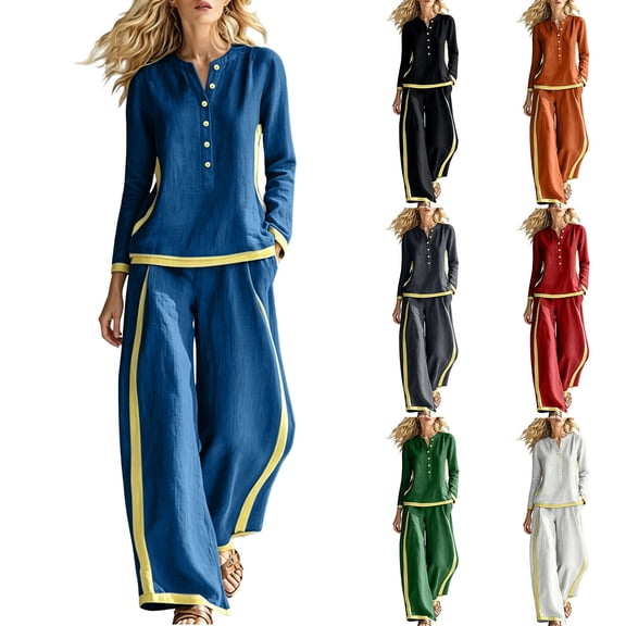 Gfyviroh Women's Stylish Fall Outfit Set Color Block Button Front Pullover 2 Piece Sets Long Sleeve Tops with Pants Casual Outfits
