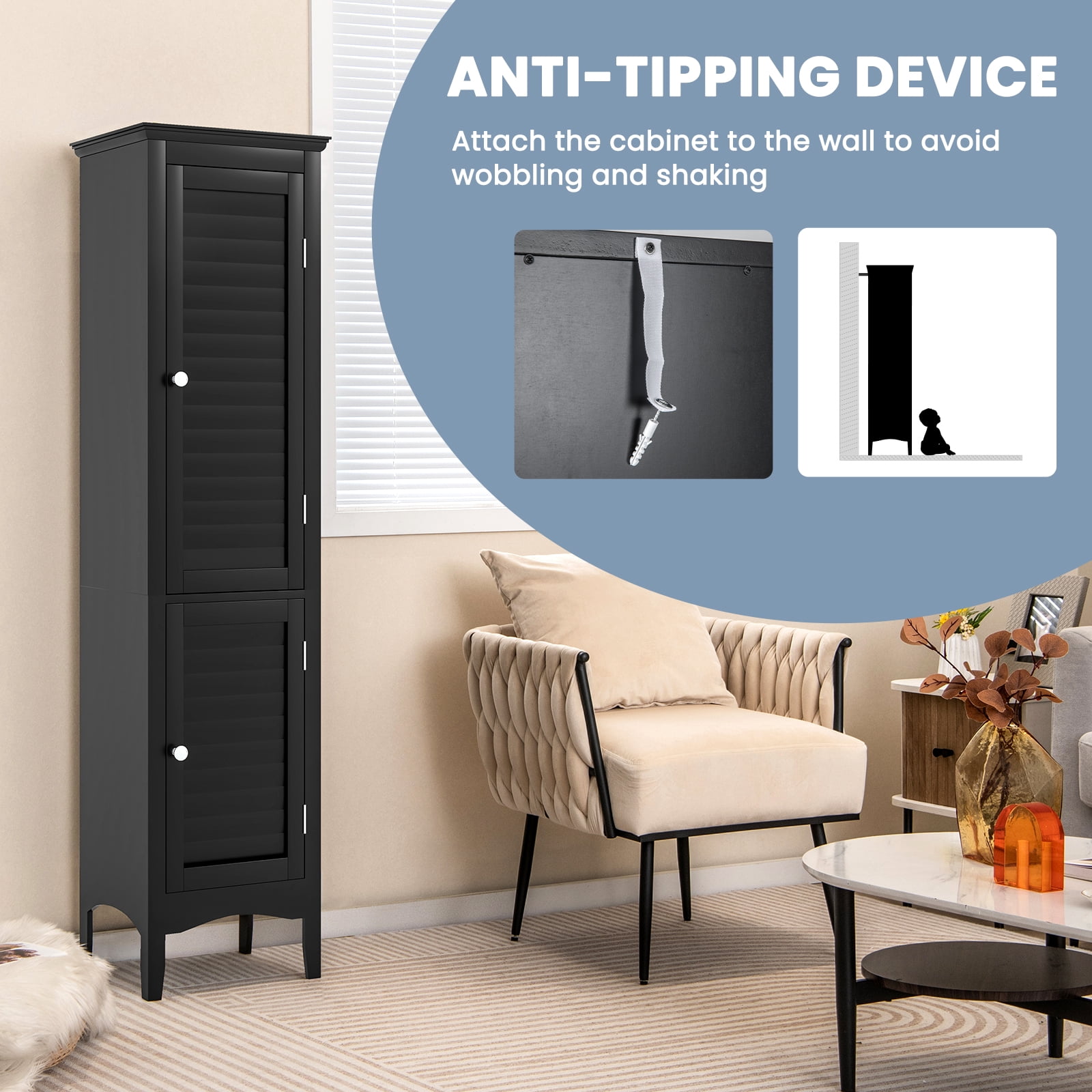Patiojoy Freestanding Bathroom Storage Cabinet Tall Narrow Storage Cabinet with 1 Adjustable Shelf 1 Drawer and 2 Doors Black