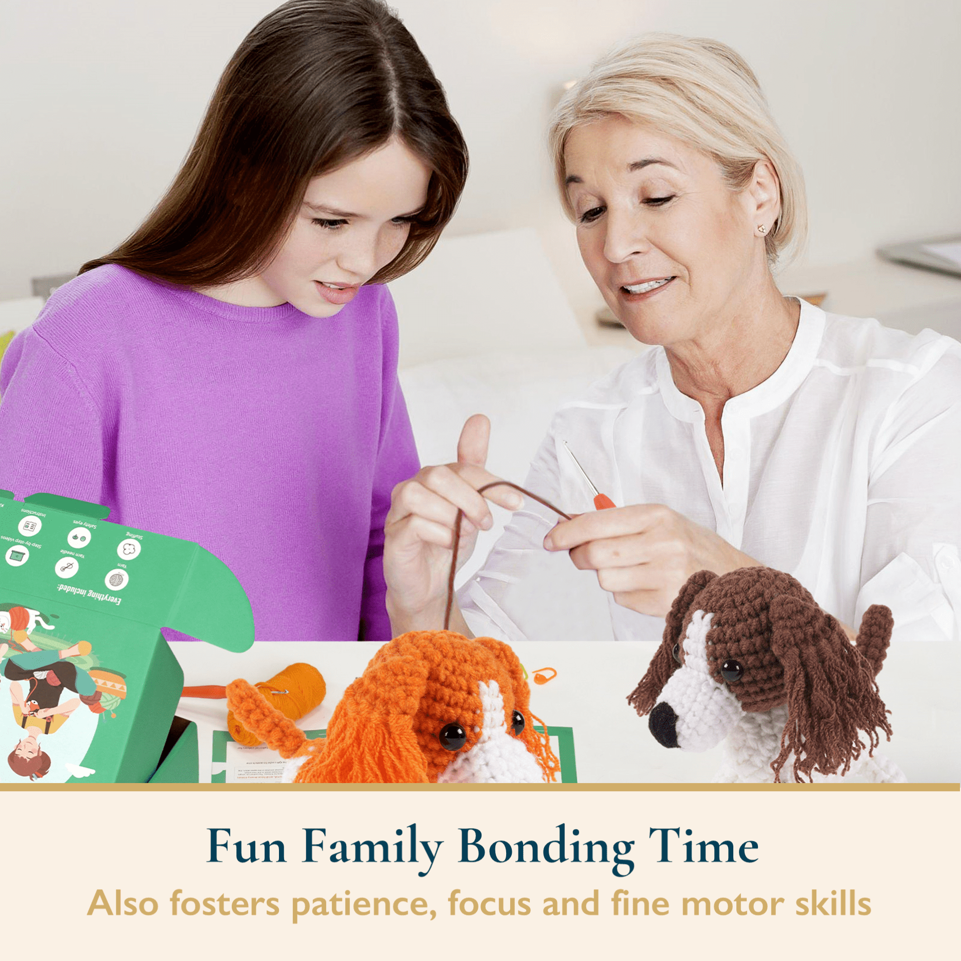 ComfiTime Crochet Kit for Beginners to Intermediate – Amigurumi Starter Kit w/ Video Tutorials & Step-by-Step Instructions, Complete Animal Craft Accessories for Adults, Kids & Gift Giving,Spaniels