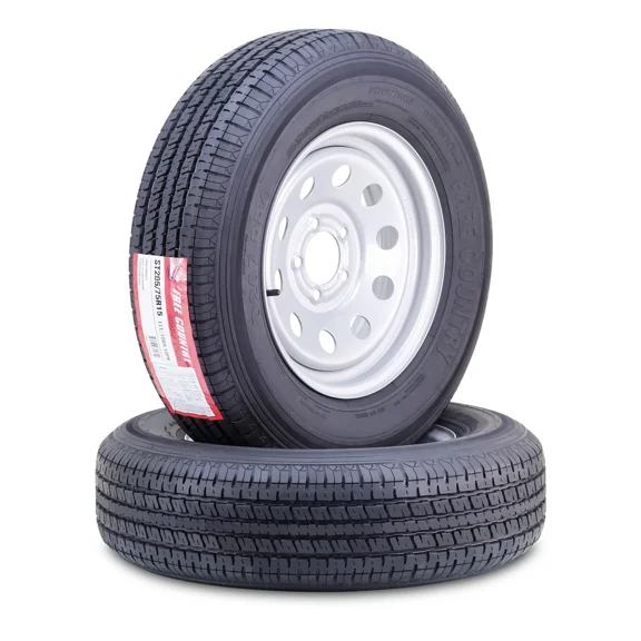 FREE COUNTRY Trailer Tire Wheel Assembly ST205/75R15 10-Ply E 110M Heavy Duty 2400lbs w/ 5 Lug on 4.5" PCD Silver Mod Rim ,SET 2