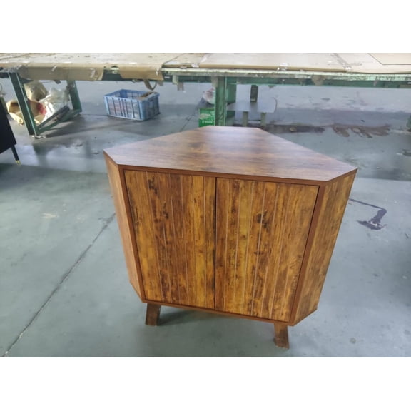 Acekid 3 Tier Farmhouse Corner Storage Cabinet with Adjustable Shelf,Industrial Wooden Corner Table with Doors,Triangle End Table for Kitchen,brown