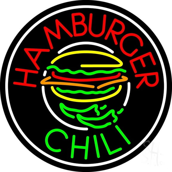 Hamburger Chili Circle LED Neon Sign 18 x 18 - inches, Clear Edge Cut Acrylic Backing, with Dimmer - Bright and Premium built indoor LED Neon Sign for restaurant window and interior decor.