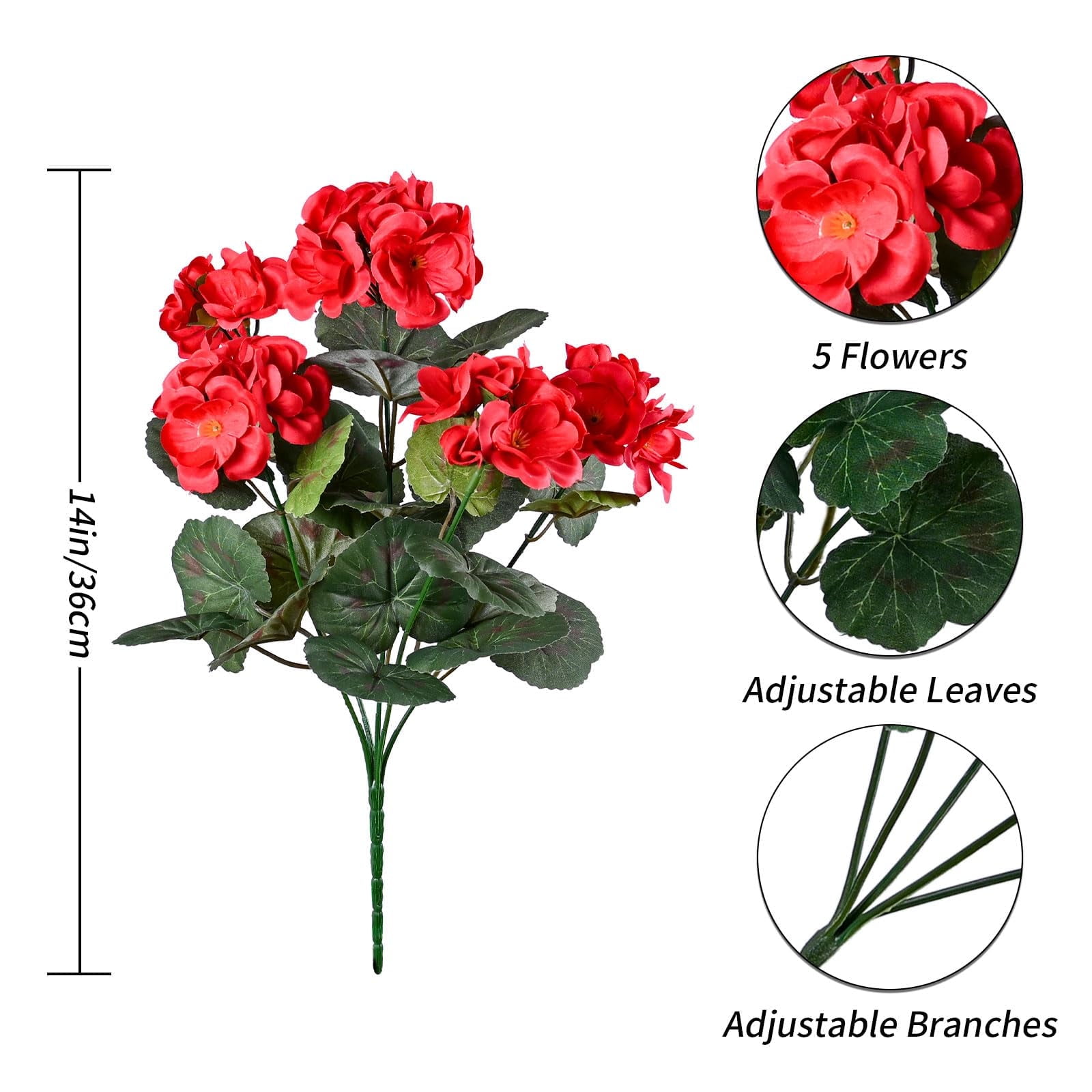 Artificial Geranium Silk Flowers for Outdoors Decoration,6 Bundles Red Flower UV Resistant Realistic Faux Plants for Front Door Garden Porch Planter Patio Balcony Yard Indoor Home