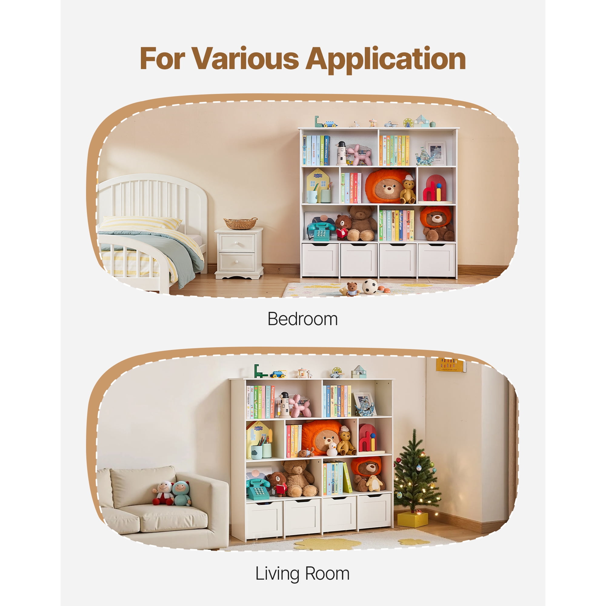 KFFKFF Wooden Kids Storage Organizer with Bookshelf, Toy Cabinet Featuring 4 Movable Drawers, Ideal for Bedroom, Nursery, Living Room, Entryway, or Preschool, White