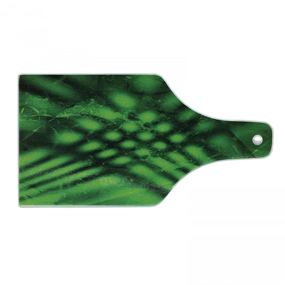 Lime Green Cutting Board, Psychedelic Abstract Blurry Shade Formless Effects Complex Visual Design, Tempered Glass Cutting and Serving Board, Wine Bottle Shape, Hunter Green Black, by Ambesonne
