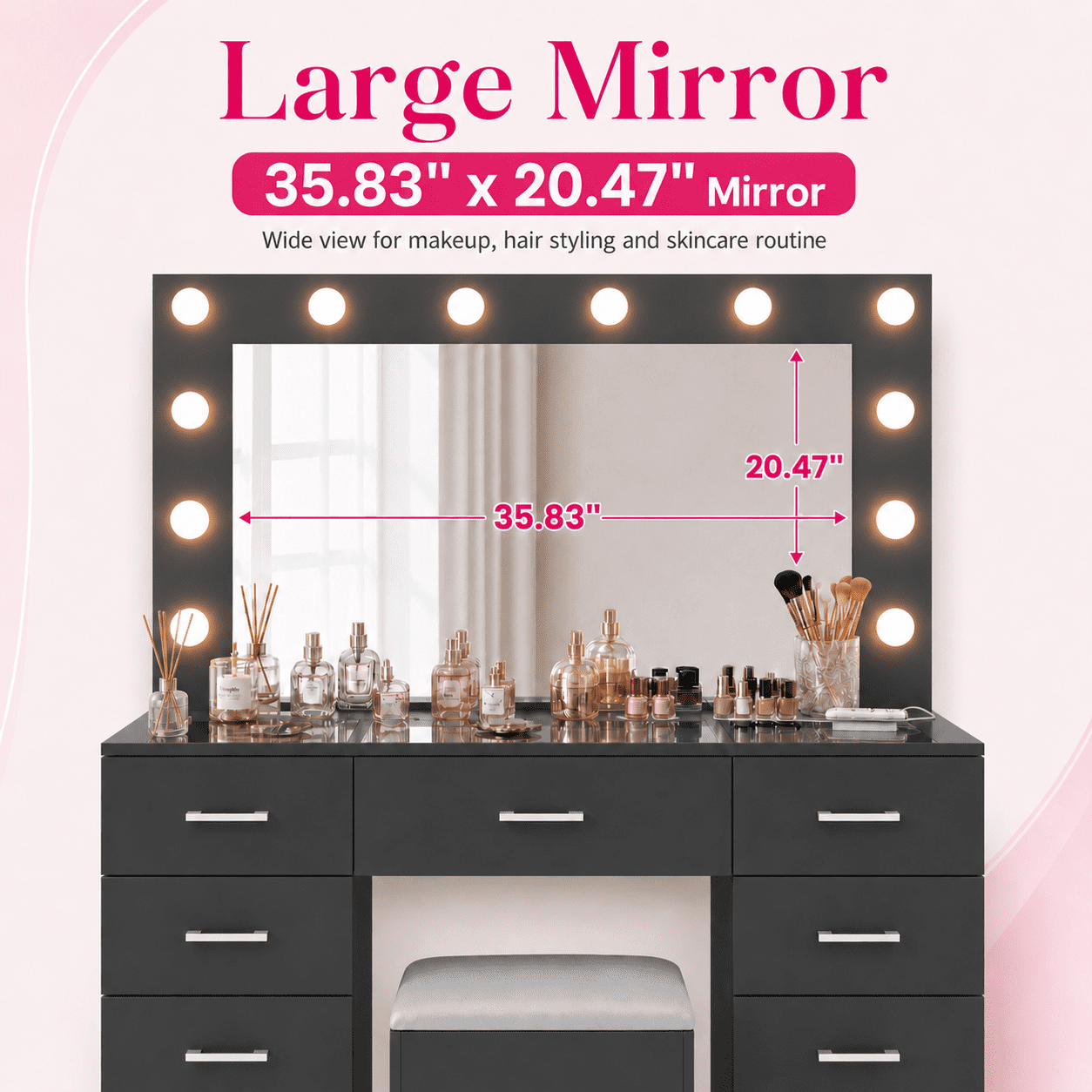 Zimtown Makeup Vanity Desk with Large Mirror & Charging Station, Vanity Table with 9 Drawers & Visible Glass Top, Bedroom Dressing Table, Black