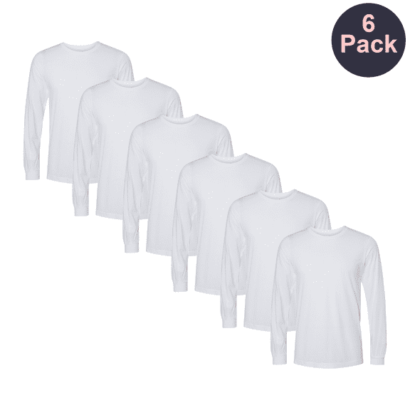 BELLA   CANVAS Long Sleeve T-Shirt, Men's Crew Neck Solid White Triblend Color Blank Tee 6-Pack, S