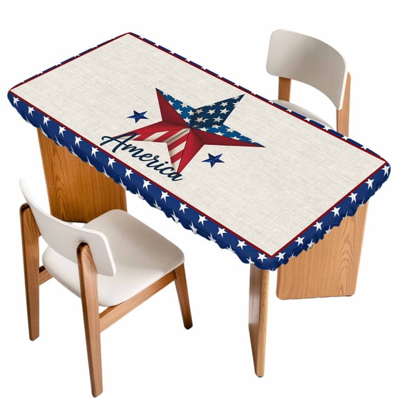 Independence Day Table Cloths for 6 Foot Rectangle Tables, 4th of July Patriotic Star Usa Flag Patio Waterproof Elastic Fitted Tablecloths, Washable Rectangular Table Cover for Camping