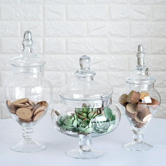 BalsaCircle 3 Pieces 10" 12" 14" Clear Glass Apothecary Jars Lids Party Event Gift