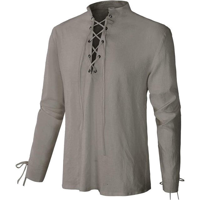 Chemise en Lin à Manches Longues pour Hommes Lacée Col en V Viking Médiéval Pirate Haut