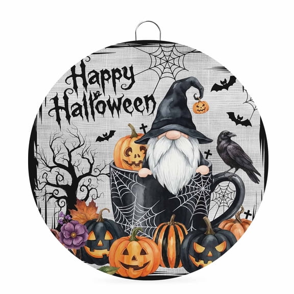 Welcome Sign for Front Door, Gnomes Halloween Round Metal Wall Art Wreaths, Horror Pumpkins Black Trees Grey Outdoor Indoor Wall Hanging Sign for Porch Decor Housewarming Gifts 7.9 Inch