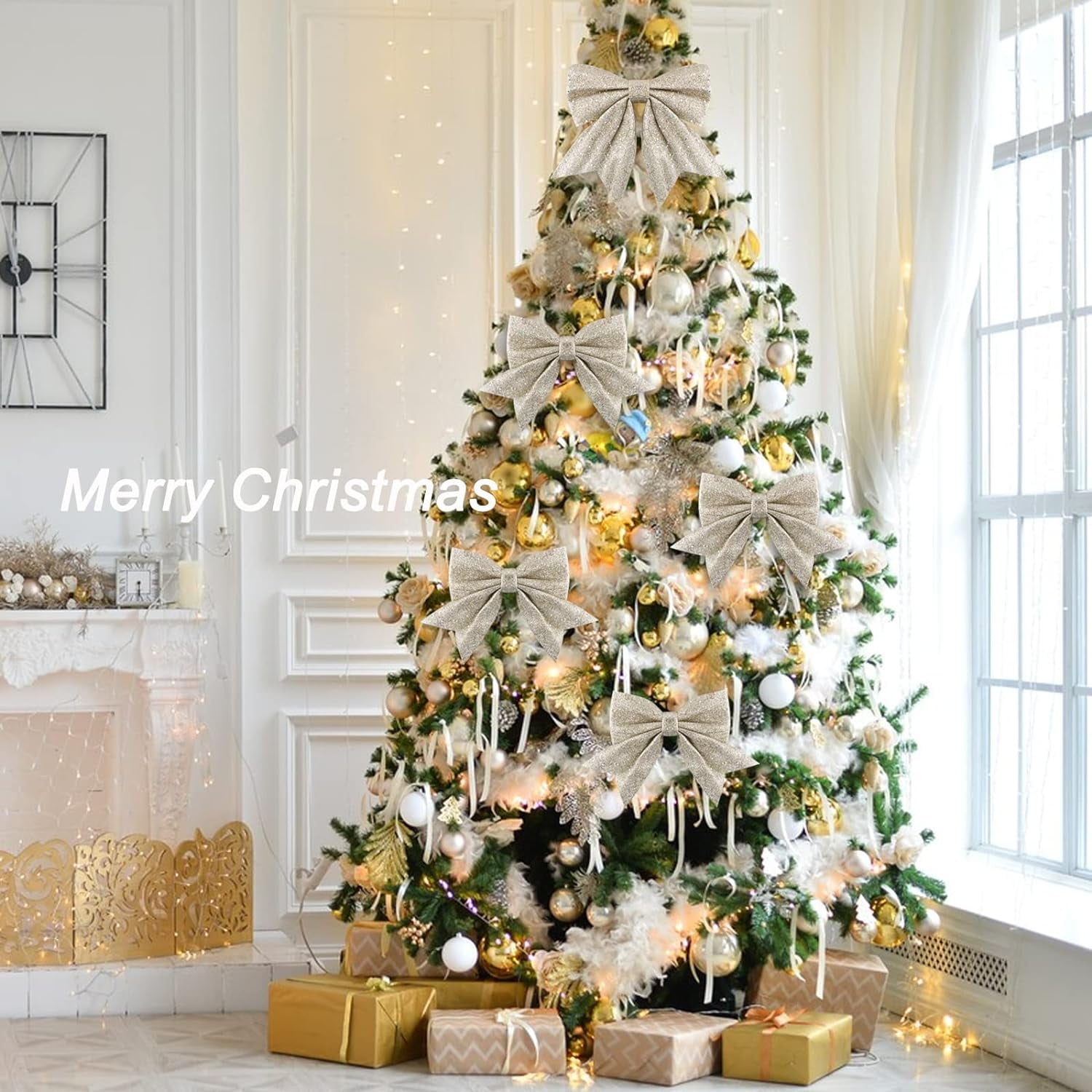 LINLIN Large Gold Glitter Bows for Christmas Tree Decoration- 5PCS Christmas Decorative Bows Christmas Tree Bow Christmas Bows Decorative Xmas Decor Wreath Ornament