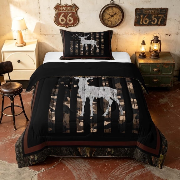 Manfei Woodland Deer Moose Twin Comforter Sets, Retro US Flag Bedding Set, Brown Black, Black Reversible 2-Piece, 1 Comforter and 1 Pillowcase