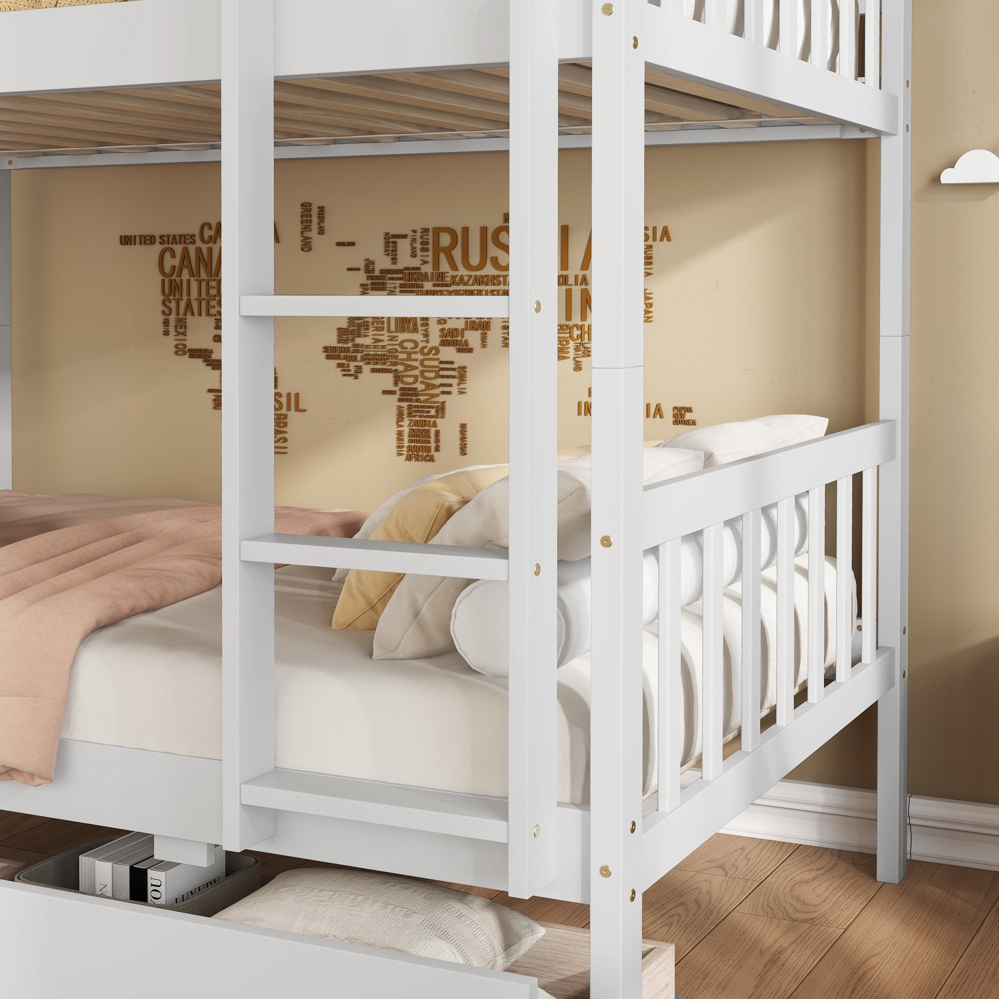 Sailvan Twin Over Twin Rubber Wood Bunk Bed with 2 Drawers, Convertible into 2 Twin Beds