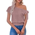 thumbnail image 4 of RRMuAzgs Crochet Knit Top for Women Ruffle Solid Color Off the Shoulder Blouses Summer Beach Vacation Clothes, 4 of 9