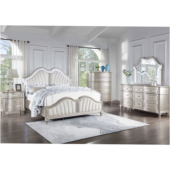 JERFIT Silver Oak 5-Piece King Bedroom Set with Upholstered Platform Bed, Dresser, Mirror, Nightstand & Chest