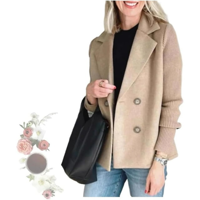 Manteau Décontracté à Manches Courtes en Patchwork Tricoté avec Boutons et Revers pour Femmes, Blazer à Double Boutonnage en Patchwork pour Femmes