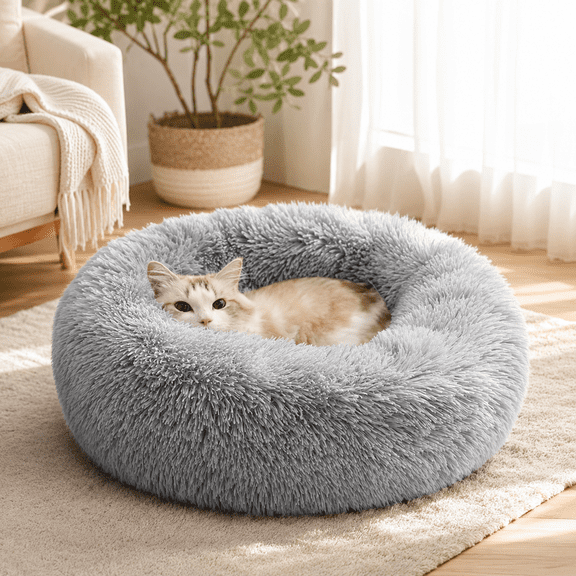 Cats Beds for Indoor Cats - Cats Bed Washable 15.7 inches, Dog Beds for Small Dogs, Anti Anxiety Round Long Velvet Furry Cats Bed, Thick Bottom, Winter Supplies(Gray)