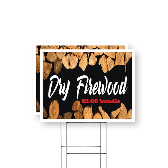 Dry Firewood $5.00 a Bundle Yard Sign 2 Pack of 12 Inch x 16 Inch Double Sided Weatherproof Heavy-Duty Plastic with Stake | Quality Products, Camping Essentials, Reliable Source | Made