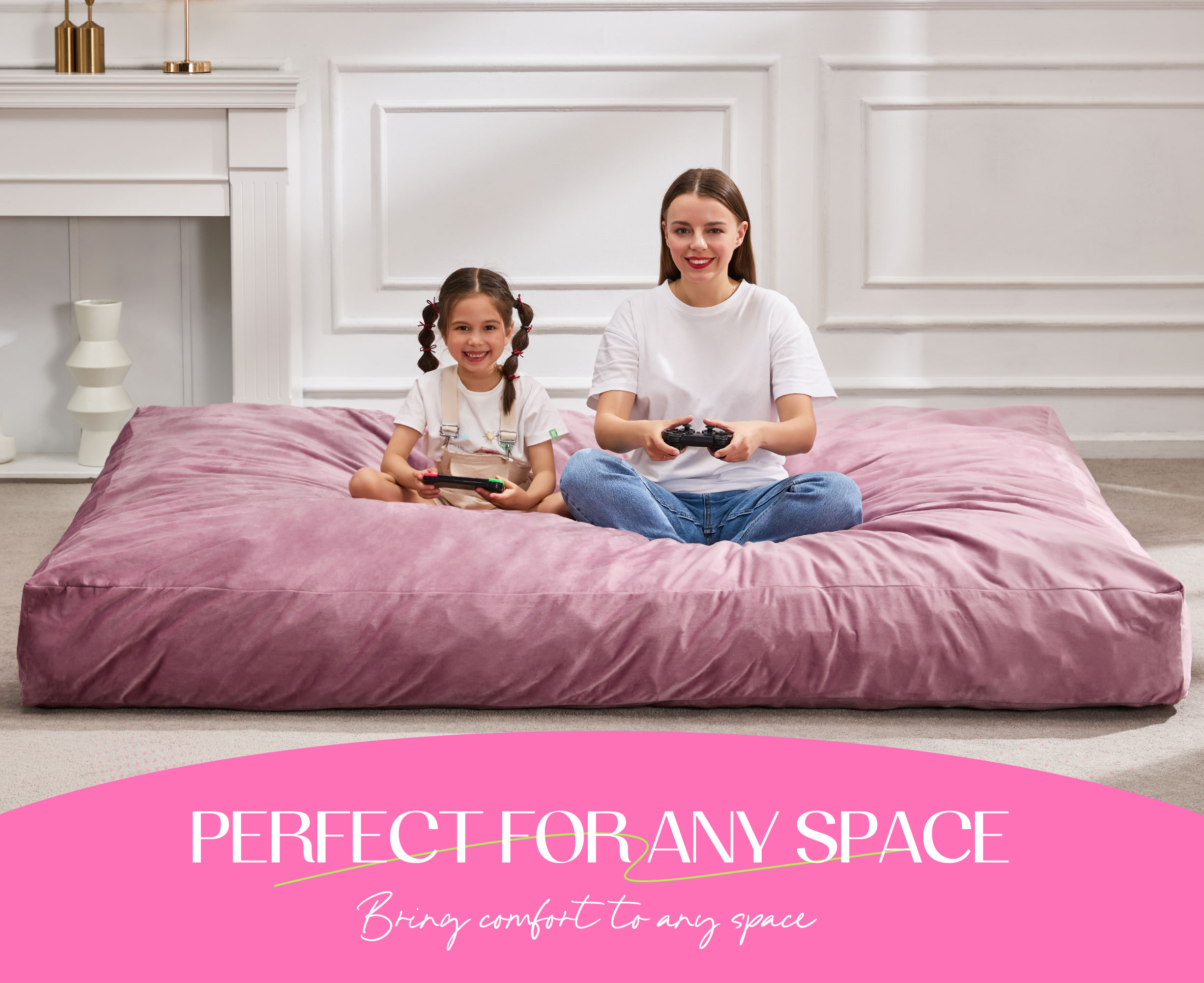 Hobestluk Bean Bag Chair 3 in 1 Beanbag Chairs for Adults, Large Bean Bags with Removable Velvet Cover, Convertible Adult Bean Bag Chair for Living Room, Bedroom, Playroom (Pink, Queen)