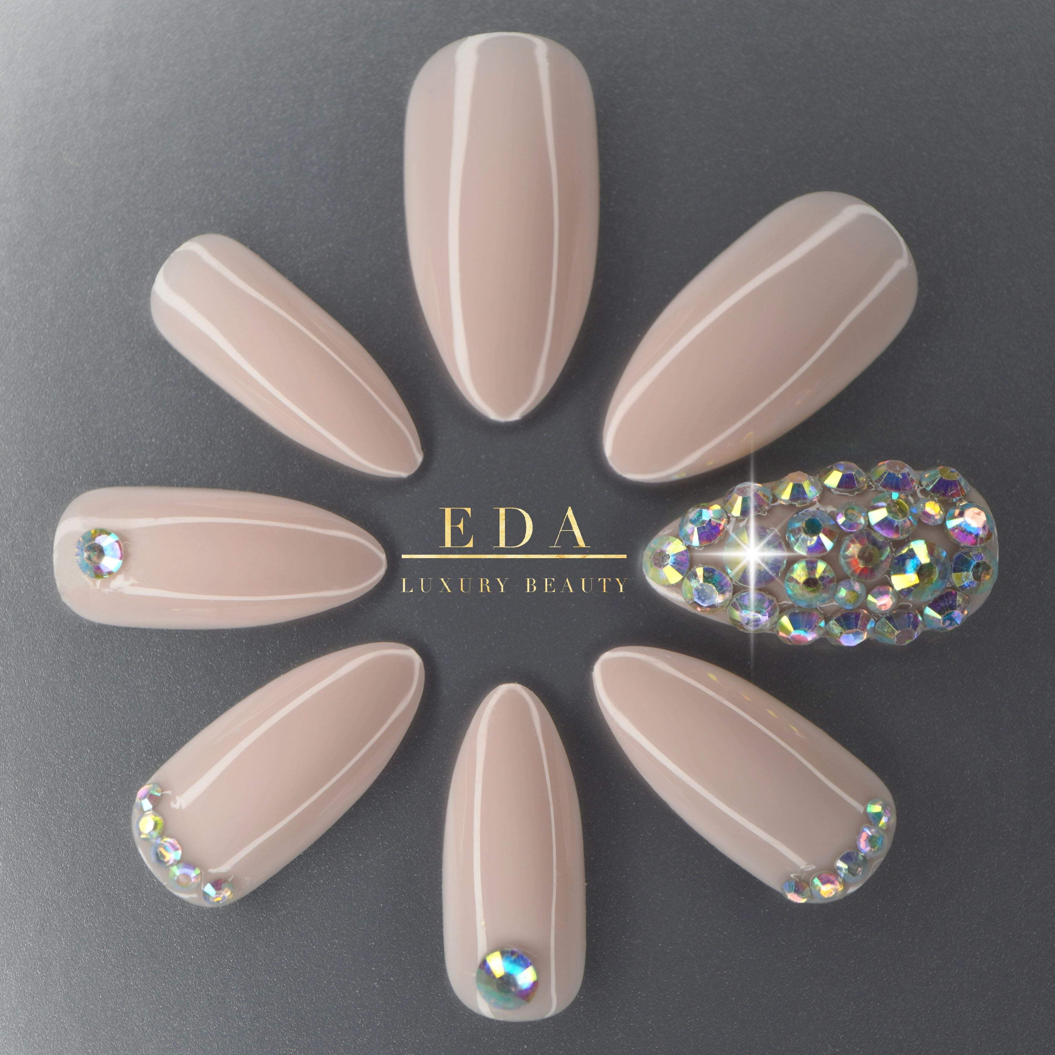 Nude 3D Crystal Press On Nails, Long Stiletto Acrylic Tips Rhinestones Design Fake Nails Set