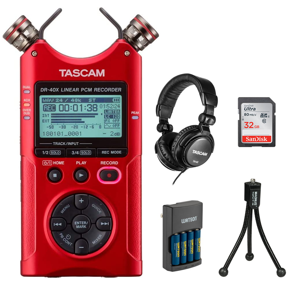 Red Tascam DR-40X 4-Track Portable Audio Recorder with Adjustable Stereo Microphone 