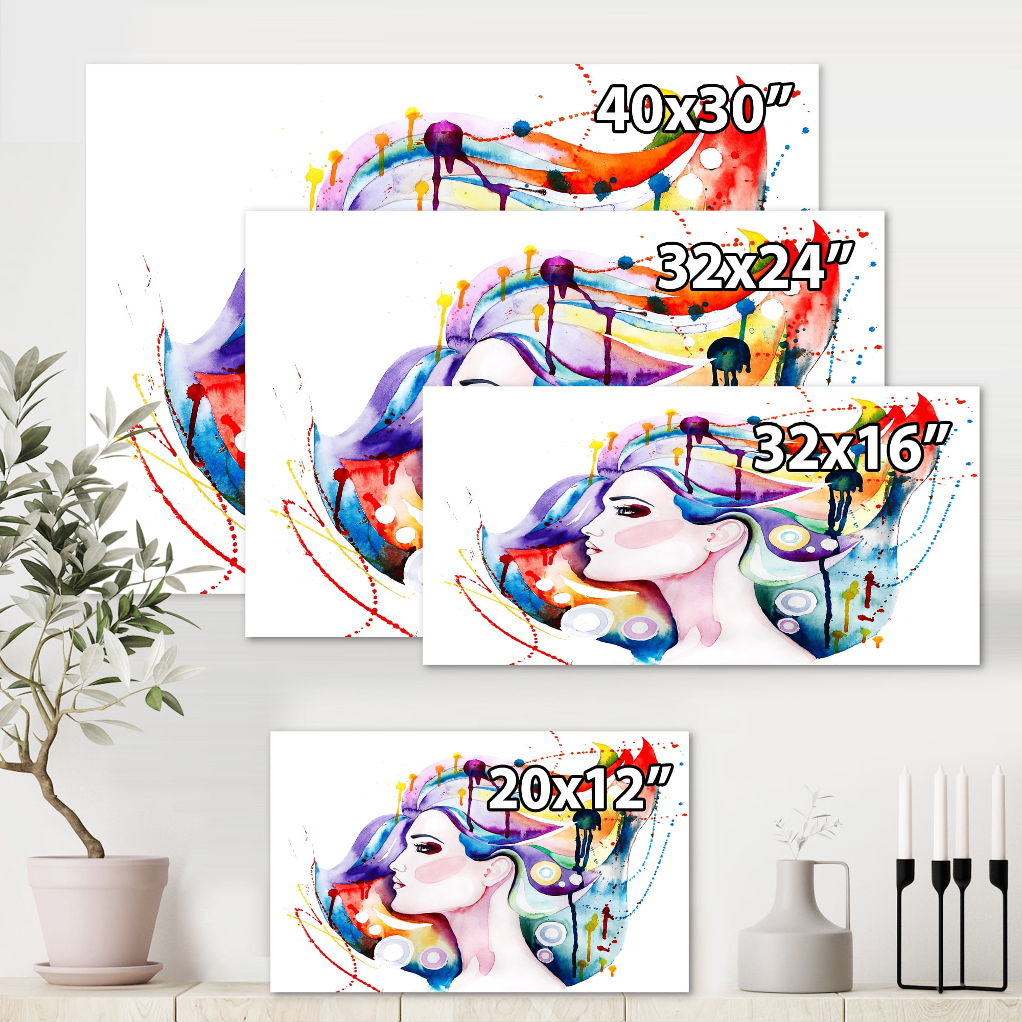 Designart ' Beautiful Young Woman With Colorful Hair ' Traditional Canvas Wall Art Print
