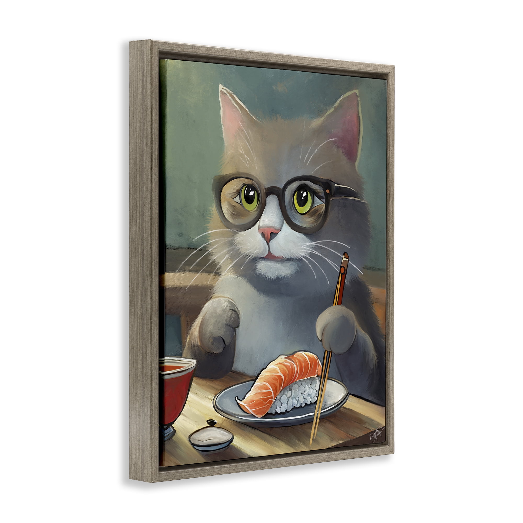 Stupell Industries Cat Eating Sushi Food & Beverage Painting Brown Floater Framed Canvas Art Print Wall Art, 17 x 21