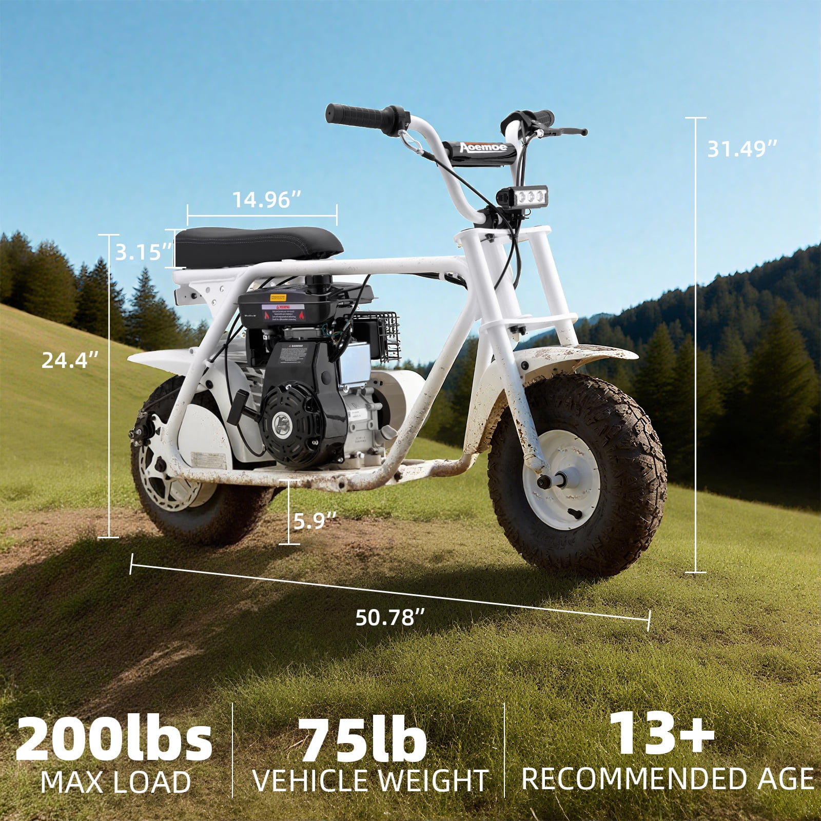 Aoemoe MB001 Gas Powered Mini Dirt Bike 99CC for Teens and Adults, 22MPH Off Road Motorcycle, Weight Support Up to 200 LBS - White