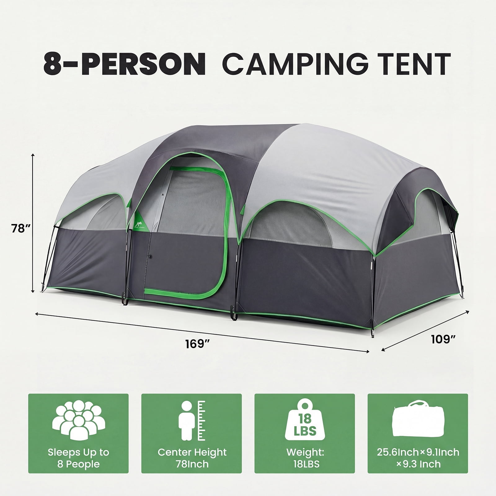 JIOABL 8 Person Camping Tent with Room Divider, Waterproof Polyester, Easy Setup, Portable with Carry Bag, Stakes & Ropes for Outdoor Camping, Gray