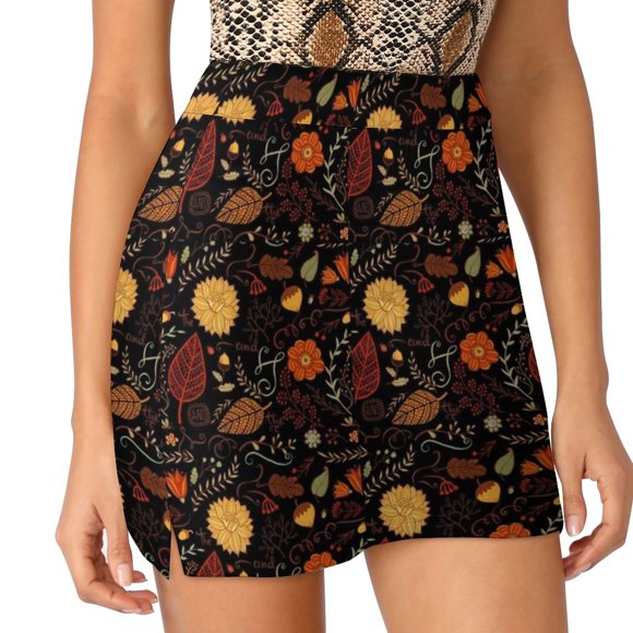 Autumn Floral / Leaf Design On Black Women's skirt Mini Skirts A Line Skirt With Hide Pocket Autumn Fall Season September