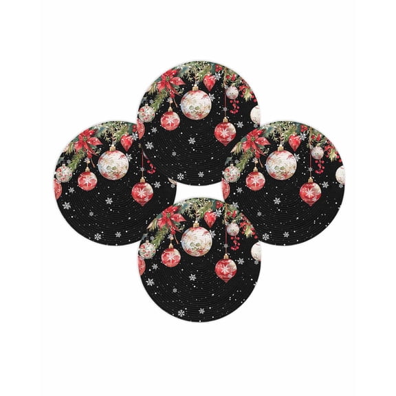 Christmas Round Placemats Set of 4 Poinsettia Christmas Ball Place Mats Washable Woven Placemat Holly Berry Snowflake Circle Braided Table Mat for Kitchen Dining Table Party Home Decor 15 Inch